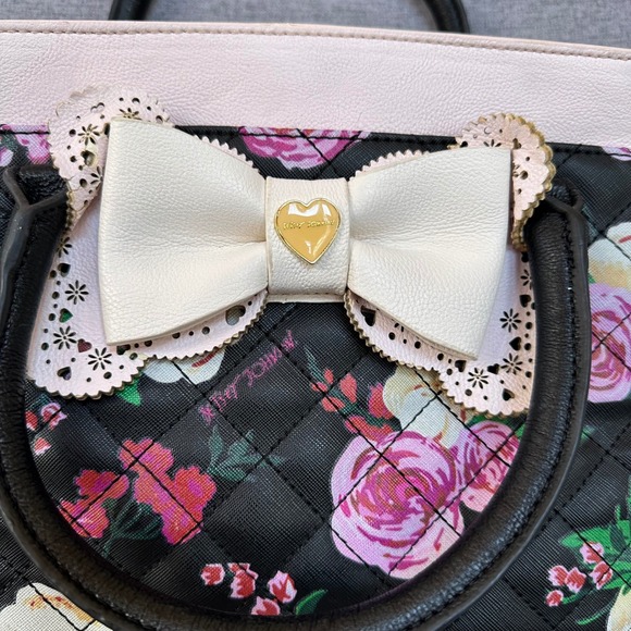Betsey Johnson Floral Quilted Satchel Bag Pink Coquette Bow Lace Heart - Picture 5 of 9